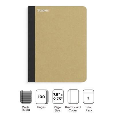 Staples Premium Composition Notebook, 7.5" x 9.75", Wide Ruled, 100 Sheets, Brown (TR52119)