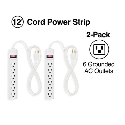 Staples 6-Outlet Power Strip, 15' Cord, White, 2/Pack (42321)