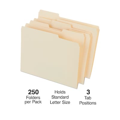 Quill Brand® Premium Manila File Folders, Assorted Tabs, 1/3-Cut Letter Size, Manila, 250/Box(744137