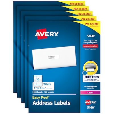 Avery Easy Peel Laser Address Labels, 1 x 2 5/8, White, 3000 Labels/Pack, 5 Pack (5160)