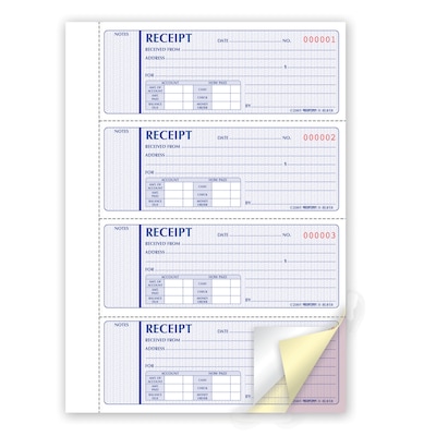 Money Receipt Forms, Carbonless, 3 Part, Hard Cover, 2-3/4" x 7", 200 Sets/Book (RED8L818)