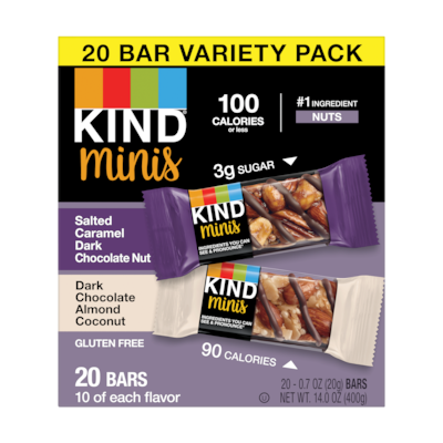 KIND Minis Bars, Salted Caramel Dark Chocolate Nut/Dark Chocolate Almond Coconut, 0.7 Oz., 20/Pack (
