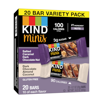 KIND Minis Bars, Salted Caramel Dark Chocolate Nut/Dark Chocolate Almond Coconut, 0.7 Oz., 20/Pack (27970)