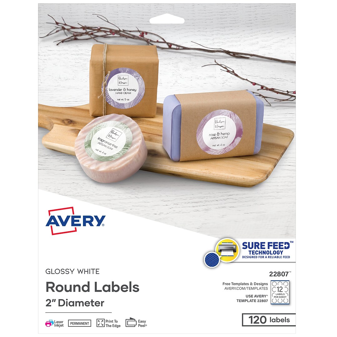 Avery Printable Laser/Inkjet Round Labels with Sure Feed, 2" Diameter,  Glossy White, 120 Labels Per | Quill.com