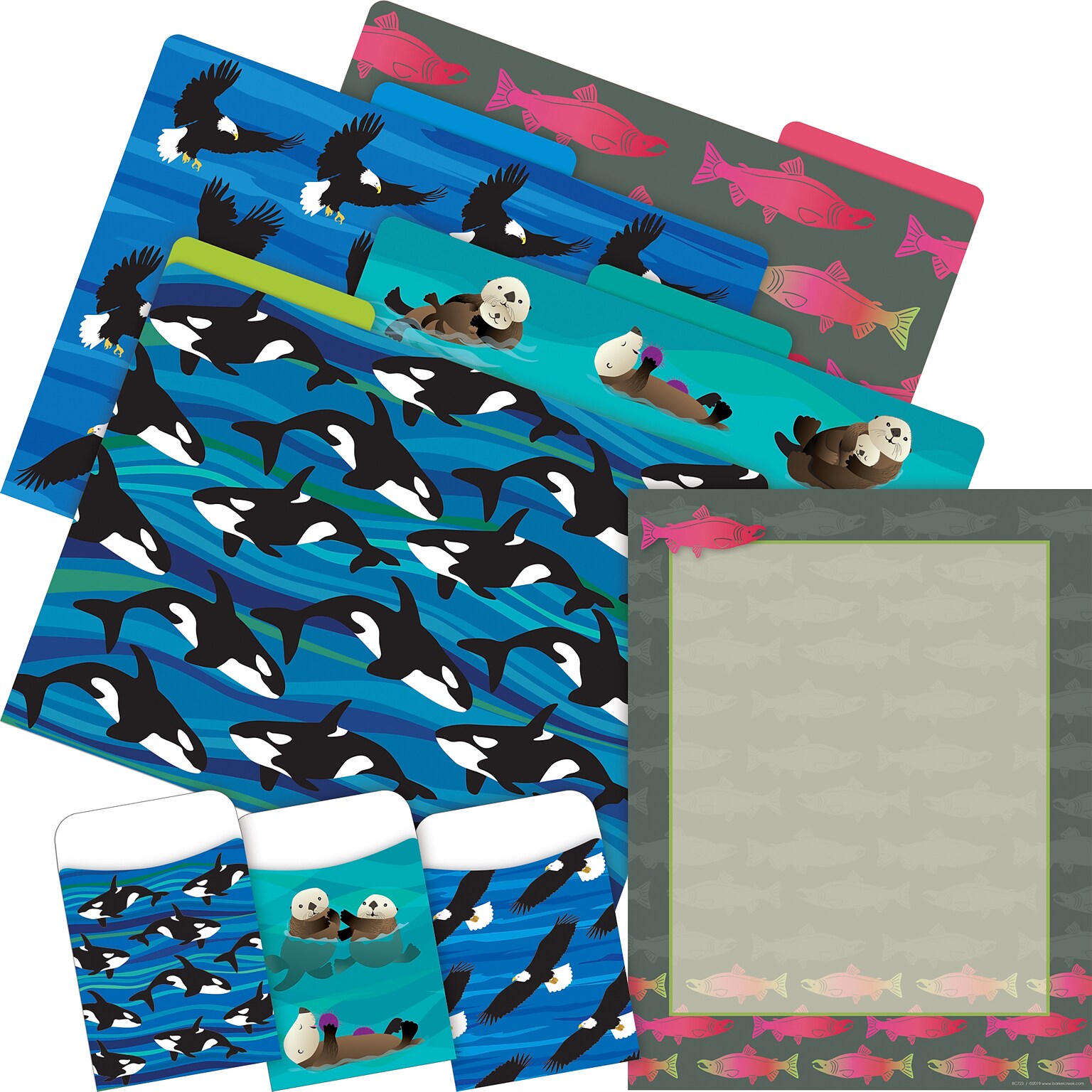 Barker Creek Sea & Sky File Folders, Computer Paper and Library Pockets, 1/3-Cut Tab, Letter Size, Multicolor, 92/Set (4100)