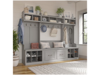 Bush Furniture Woodland Full Entryway Storage Set with Coat Rack and Shoe Bench with Doors, Cape Cod Gray (WDL013CG)