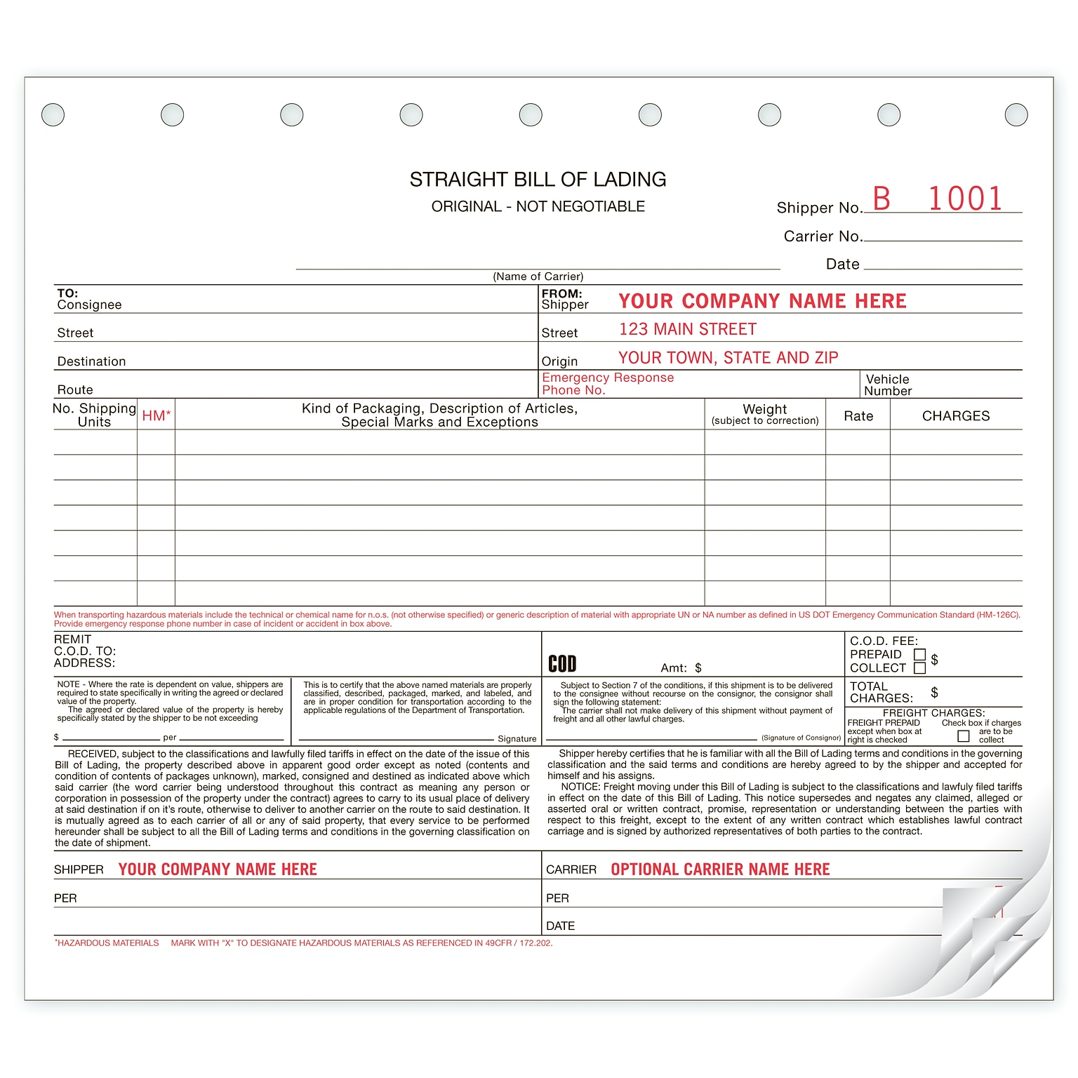 Custom Bill of Lading, Carbonless, Small Format, 4 Parts, 1 Color Printing, 8 1/2 x 7, 500/Pack