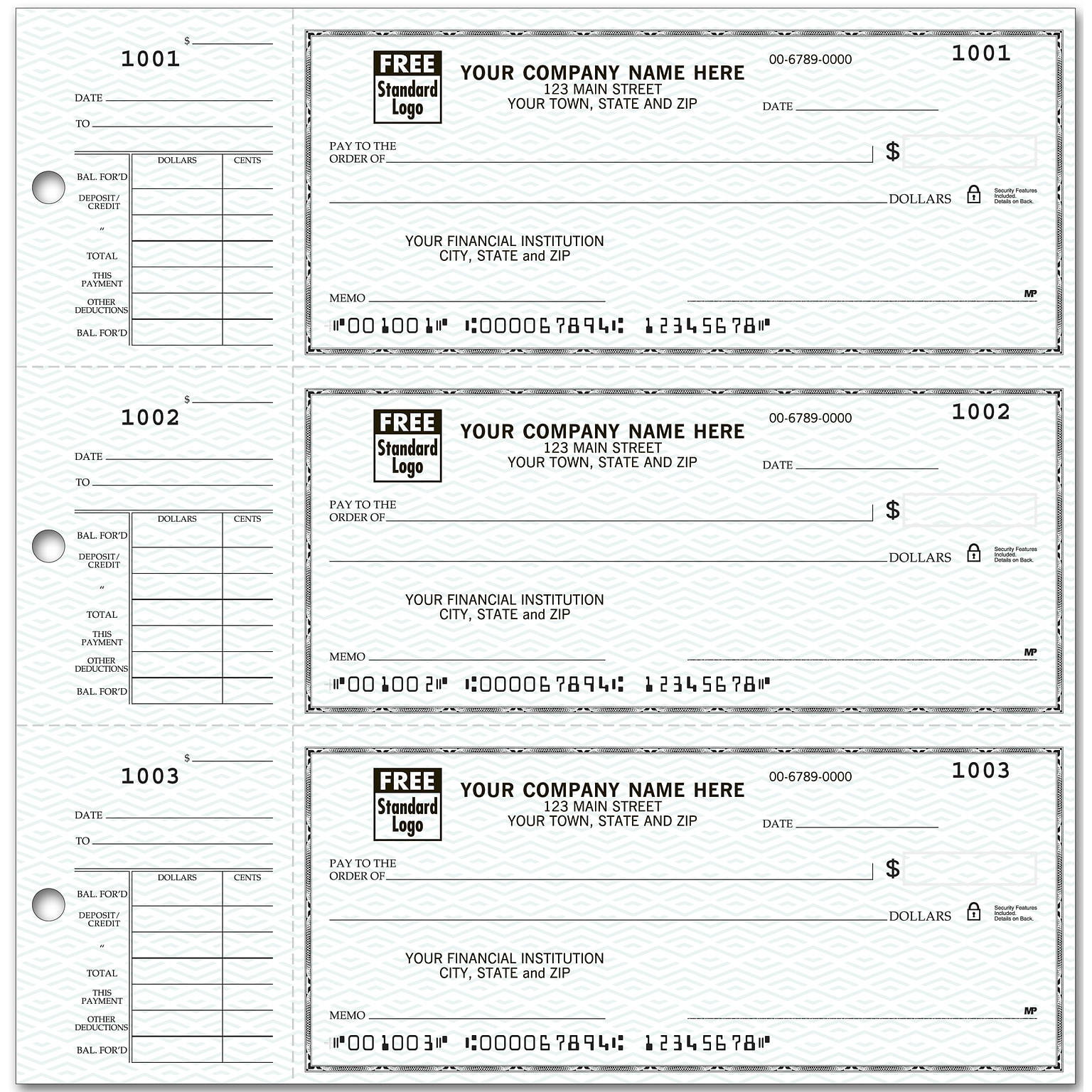 Custom 3-On-A-Page Compact Size Checks, Side-Tear Voucher, Standard Color, 1 Color Printing, 6 x 2.75, 250/Pk