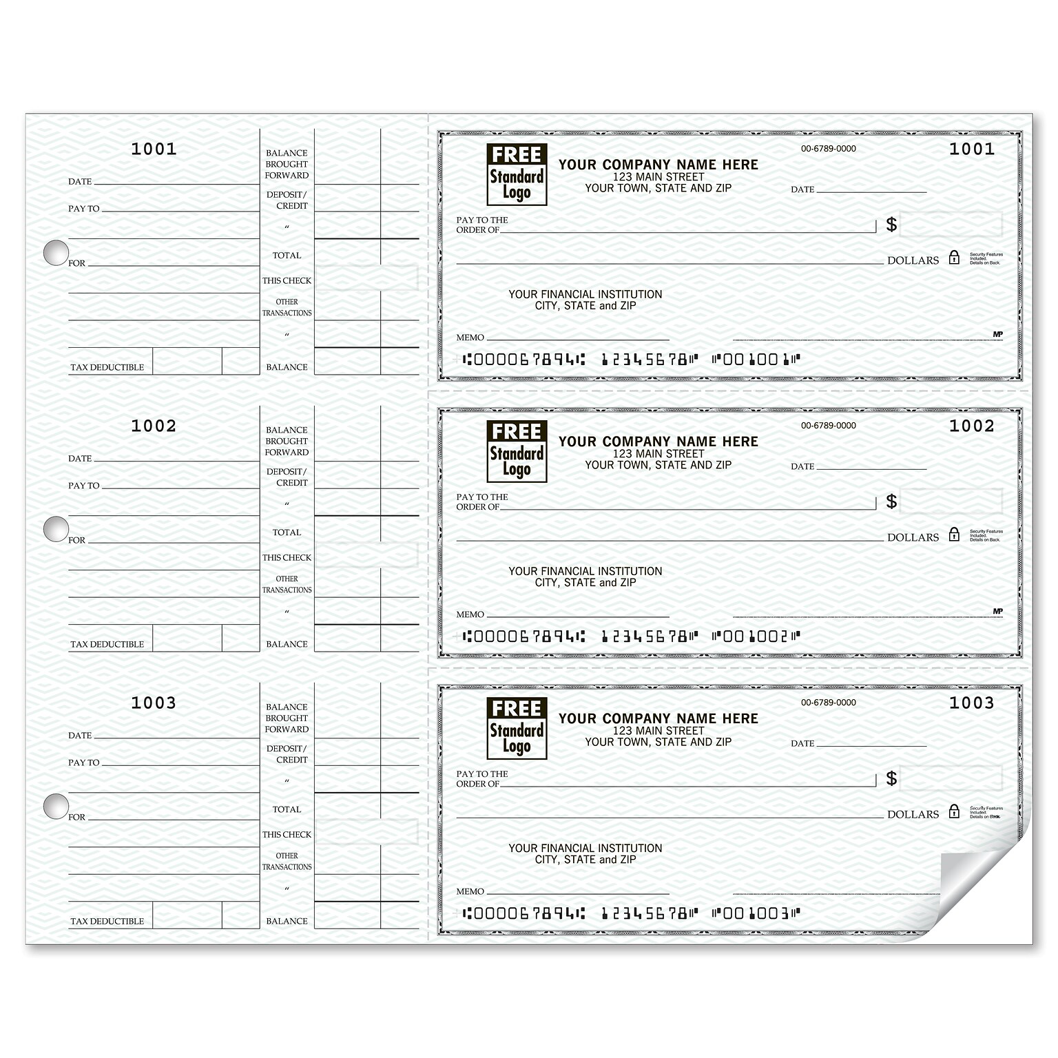 Custom 3-On-A-Page Compact Size Checks,, Side-Tear Voucher, 1 Ply, Standard Color, 1 Color Printing, 6 x 2.75, 250/Pk