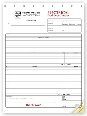 Custom Electrical Forms - Work Orders, 3 Parts, 1 Color Printing, 8 1/2 X 11 ,500/Pk