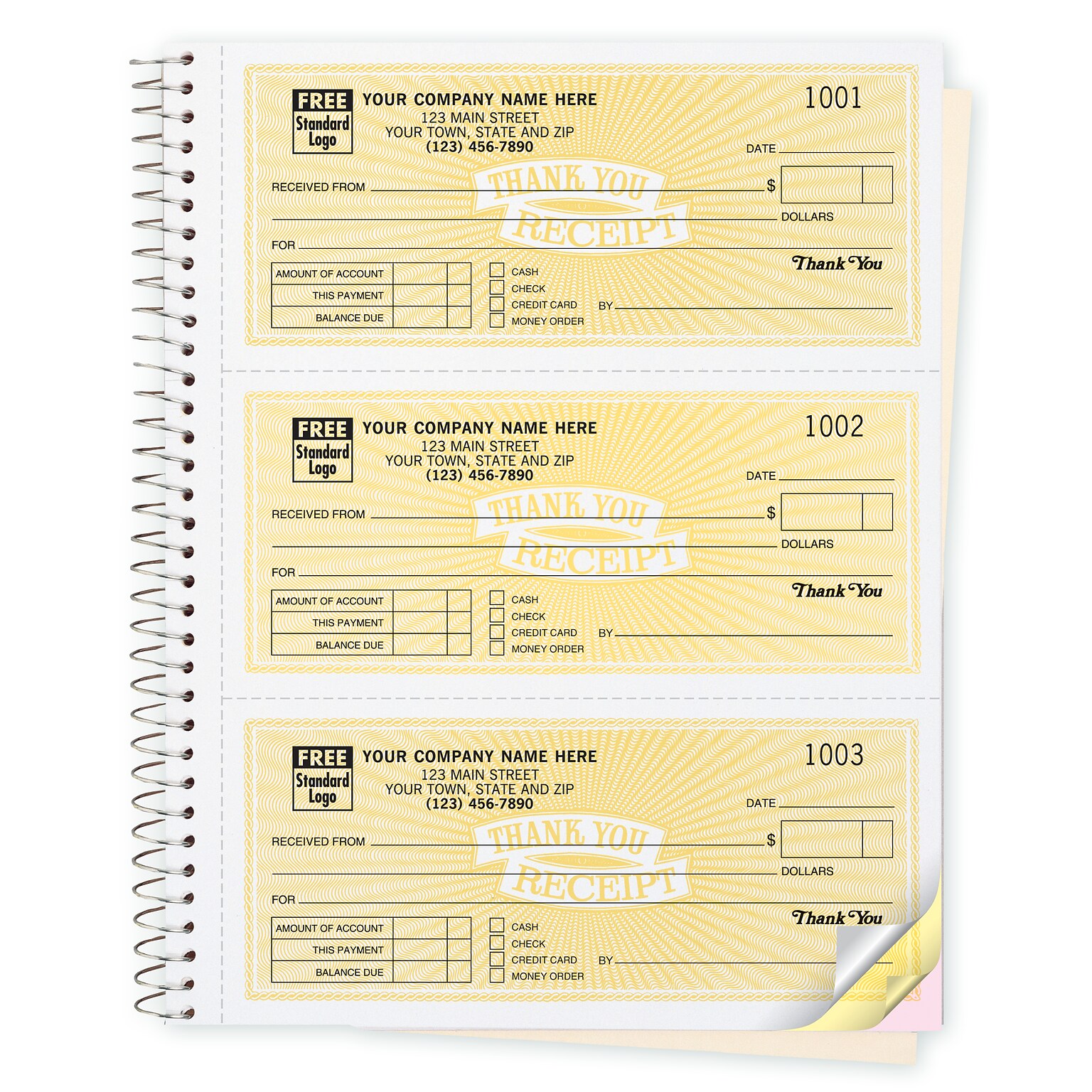 Custom Cash Receipt Books, Classic Design, 3 To Page, 2 Parts, 1 Color Printing, 6 3/4 x 8 1/2, 500/Pack