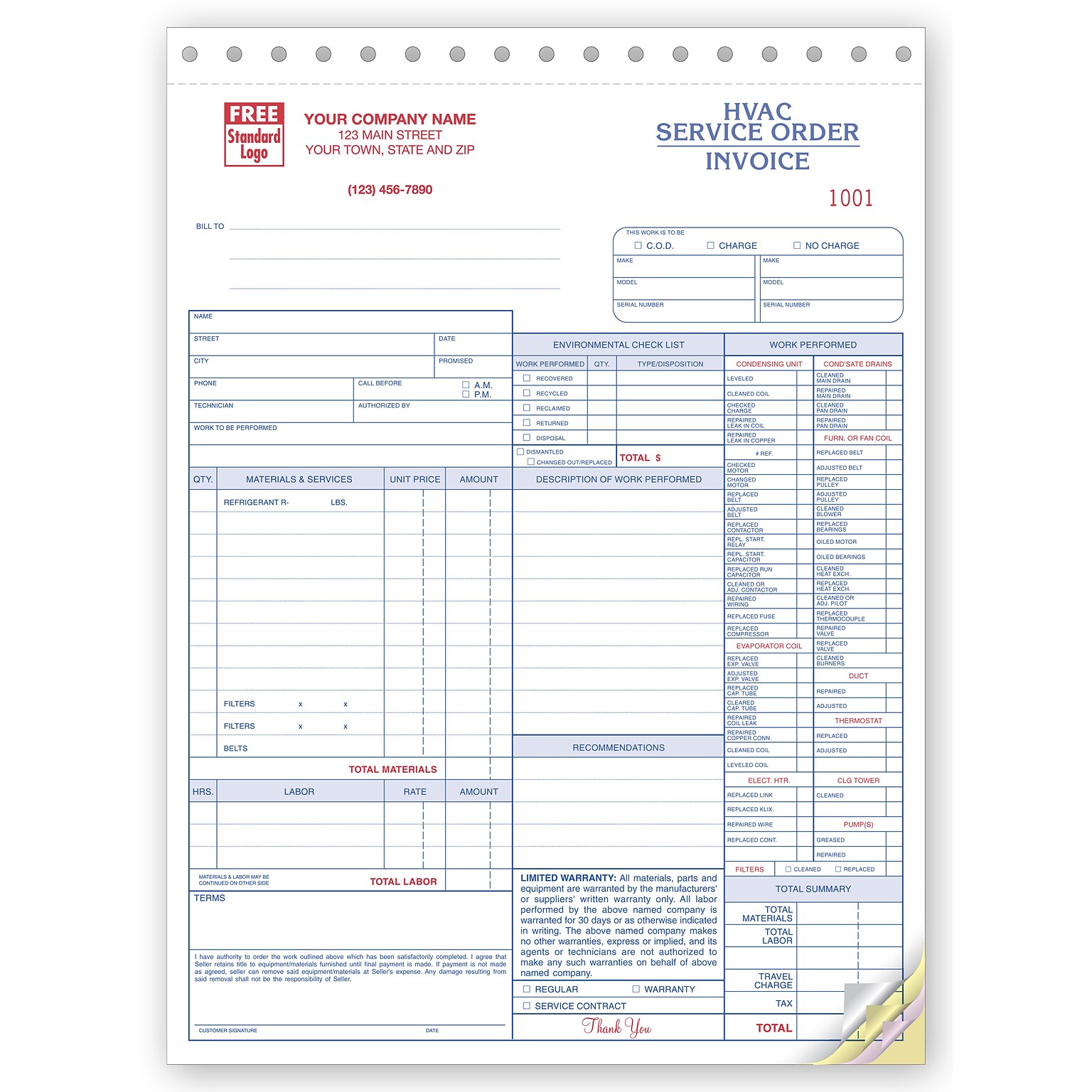 Custom Service Orders, HVAC, w/Checklist, Large Format, 3 Parts, 1 Color Printing, 8 1/2 X 11 ,500/Pk