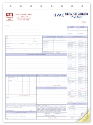 Custom Service Orders, HVAC, w/Checklist, Large Format, 3 Parts, 1 Color Printing, 8 1/2 X 11 ,500