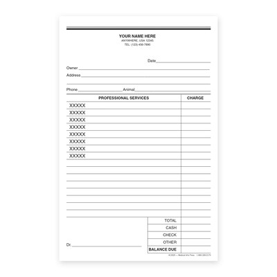 Custom Carbonless Veterinary Charge Slips, 5-1/2" x 8-1/2", 100 Sheets per Pad
