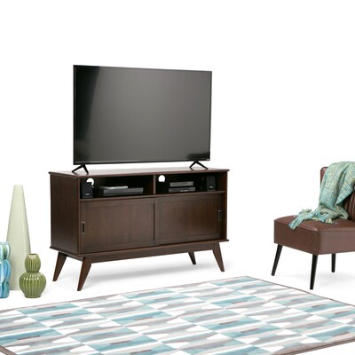 Simpli Home Draper Mid Century Tall TV Media Stand in Medium Auburn Brown (3AXCDRP-09)