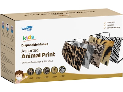 WeCare Individually Wrapped  Disposable Face Masks, 3-Ply, Kids, Assorted Animal Prints, 50/Box (WMN