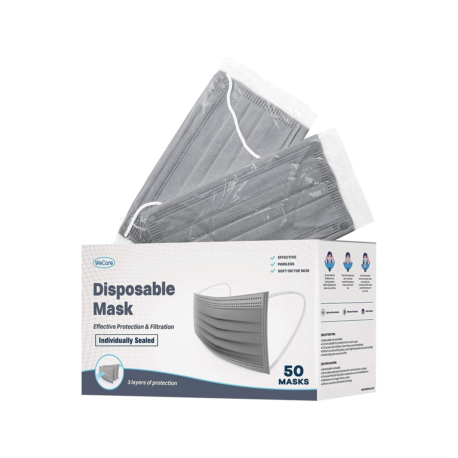 WeCare Individually Wrapped Disposable Face Mask, 3-Ply, Adult, Gray, 50/Box (WMN100016)