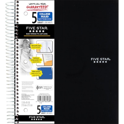Five Star 5-Subject Notebook, 8.5" x 11", College Ruled, 200 Sheets, Black (72081)