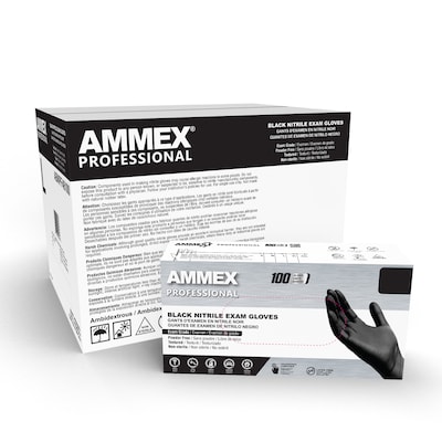 Ammex Professional Series Powder Free Nitrile Exam Gloves, Latex-Free, Small, Black, 100/Box, 10/Car