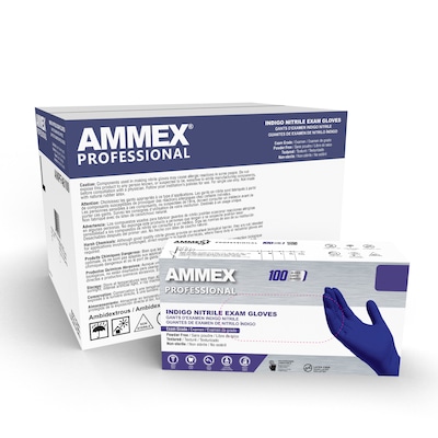 Ammex Professional Series Powder Free Nitrile Exam Gloves, Latex Free, Medium, Indigo, 100/Box, 10/C