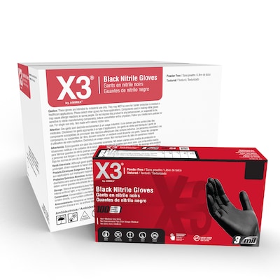 X3 Powder-Free Nitrile Gloves, Latex Free, Medium, Black, 100/Box, 10 Boxes/Carton (BX344100-CC)
