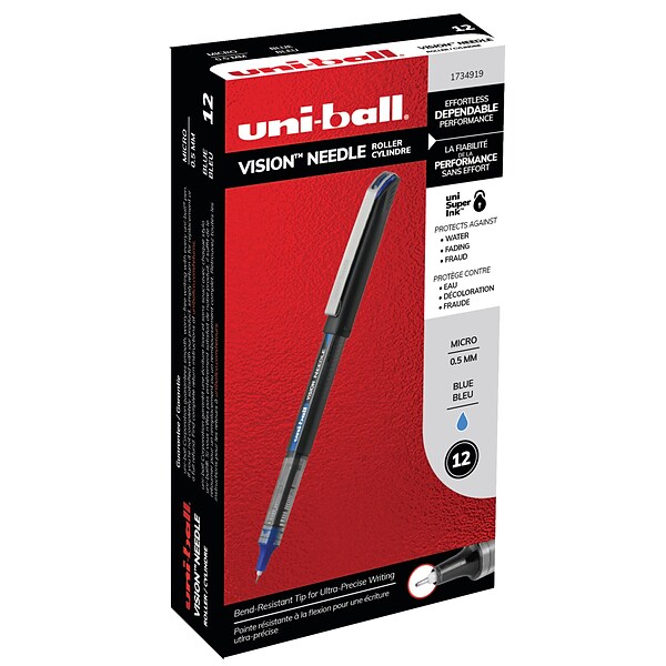 uni-ball Vision Needle Rollerball Pens, Micro Point (0.5mm), Blue, 12 Count  