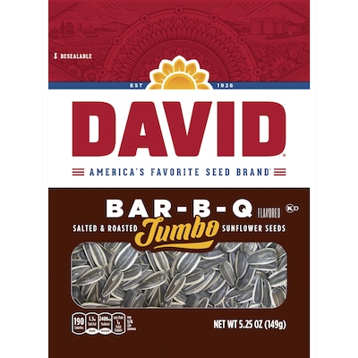 David Jumbo Roasted BBQ Sunflower Seeds, Unshelled, 5.25 oz., 12 Bags/Pack (GOV46570)