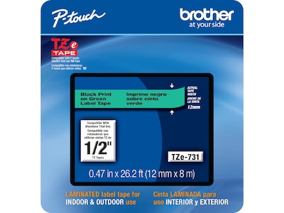 Brother P-touch TZe-731CS Laminated Label Maker Tape, 1/2" x 26-2/10', Black on Green (TZe-731CS)