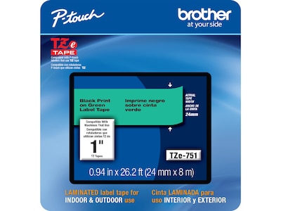 Brother P-touch TZe-751CS Laminated Label Maker Tape, 1" x 26-2/10', Black on Green (TZe-751CS)