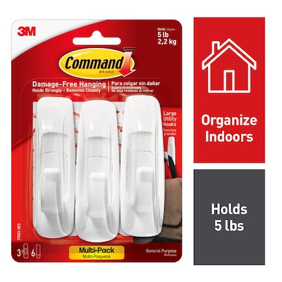 Command Large Utility Hooks, White, Damage Free Hanging of Dorm Room Decorations, 3 Command Hooks, 6