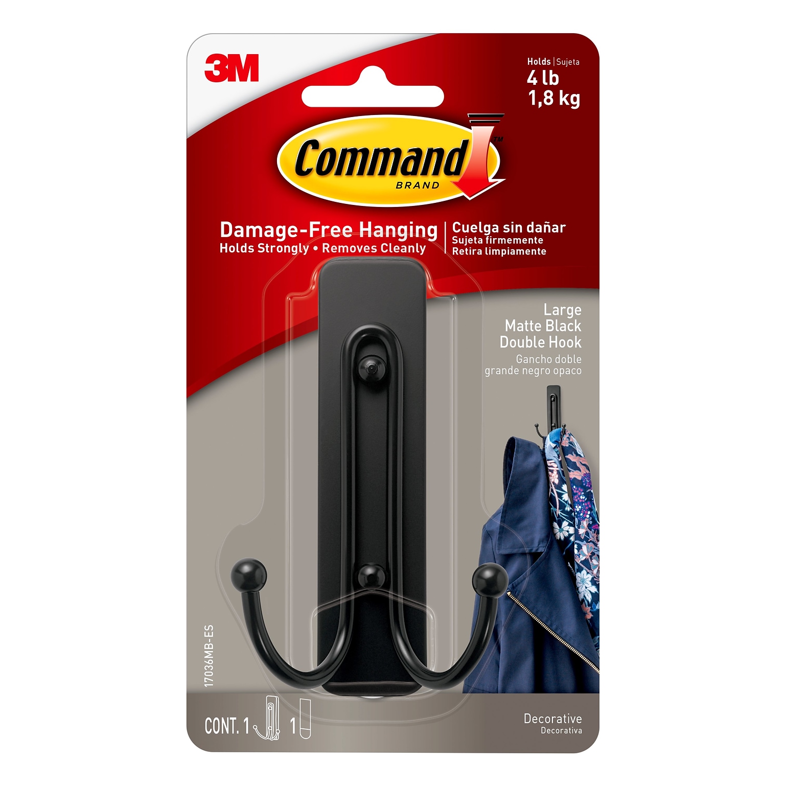 Command Large Double Hook, Matte Black, 1 Hook, 1 Strip/Pack (17036MB-ES)
