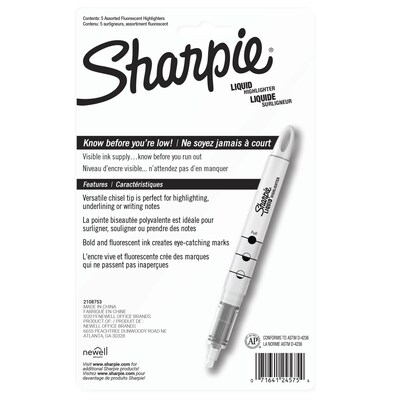 Sharpie Liquid Highlighter, Chisel Tip, Assorted, 5/Pack (24575PP)