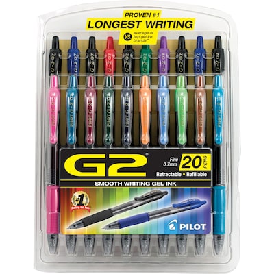 Pilot G2 Retractable Gel Pens, Fine Point, Assorted Ink, 20/Pack