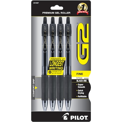 Pilot G2 Retractable Gel Pens, Fine Point, Black Ink, 4/Pack (31057)