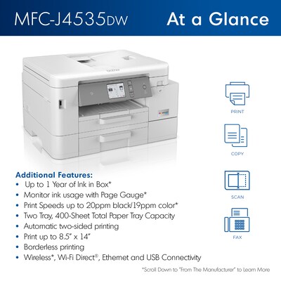 Brother INKvestment Tank MFC-J4535DW All-in-One Color Inkjet Printer |  Quill.com