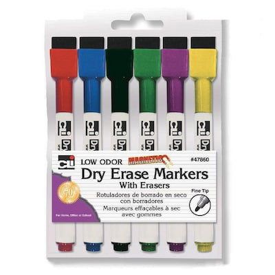 Charles Leonard Magnetic Dry Erase Markers with Erasers, Fine Tip, Assorted Colors, 6 Per Pack, 6 Pa