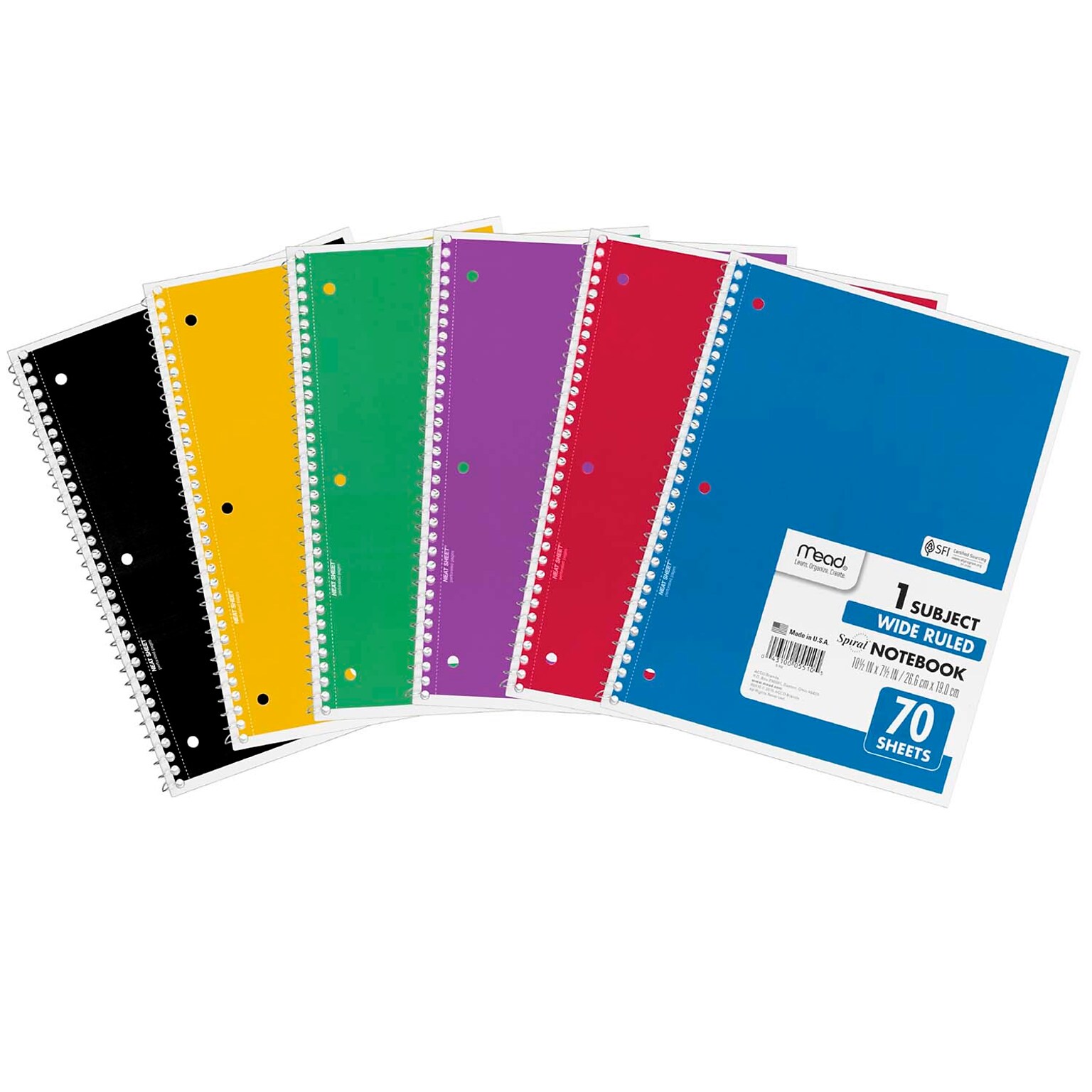 Mead 1-Subject Notebooks, 8 x 10.5, Wide Ruled, 70 Sheets, Assorted Colors, 6/Bundle (MEA05510-6)