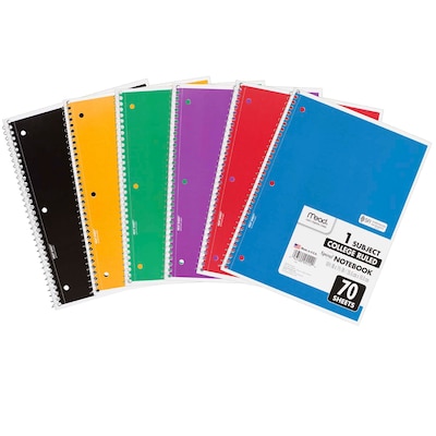 Mead® 1 Subject Spiral Notebook, 10.5" x 8", College Ruled, 70 Sheets Per Book, Assorted Colors, 6/Pack (MEA05512-6)