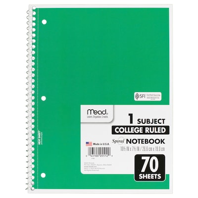 Mead® 1 Subject Spiral Notebook, 10.5 x 8, College Ruled, 70 Sheets Per Book, Assorted Colors, 6/P