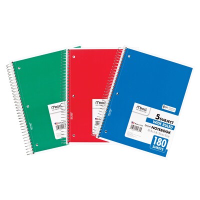 Mead 5-Subject Subject Notebooks, 8" x 10.5", Wide Ruled, 180 Sheets, Assorted Colors, 3/Bundle (MEA05680-3)