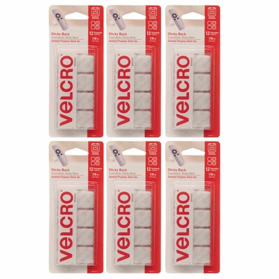 VELCRO® Sticky Back™ 7/8 x 7/8, Square Hook & Loops Fasteners, White, 12 Per Pk/6 Sets (VEC90073-6