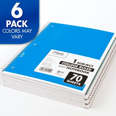 Mead 1 Subject Spiral Notebook, 10 1/2" x 7 1/2", College Ruled, 70 Sheets,  Assorted Colors, 6/Pack | Quill.com