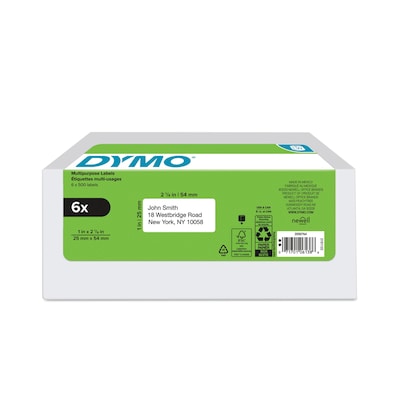 DYMO LabelWriter 2050764 Multi-Purpose Labels, 2-1/8 x 1, Black on White, 500 Labels/Roll, 6 Rolls