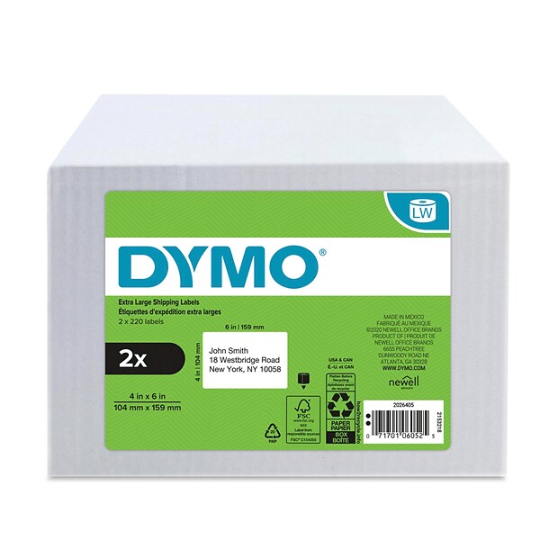 DYMO LW Extra-Large Shipping Labels for LabelWriter Label Printers, White,  4'' x 6'', 2 Rolls of 220 | Quill.com