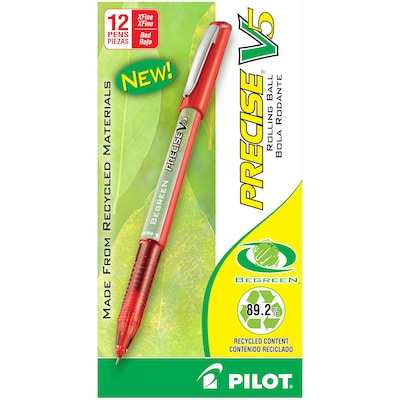 Pilot Precise V5 BeGreen Rollerball Pens, Extra Fine Point, Red Ink, Dozen (26302)