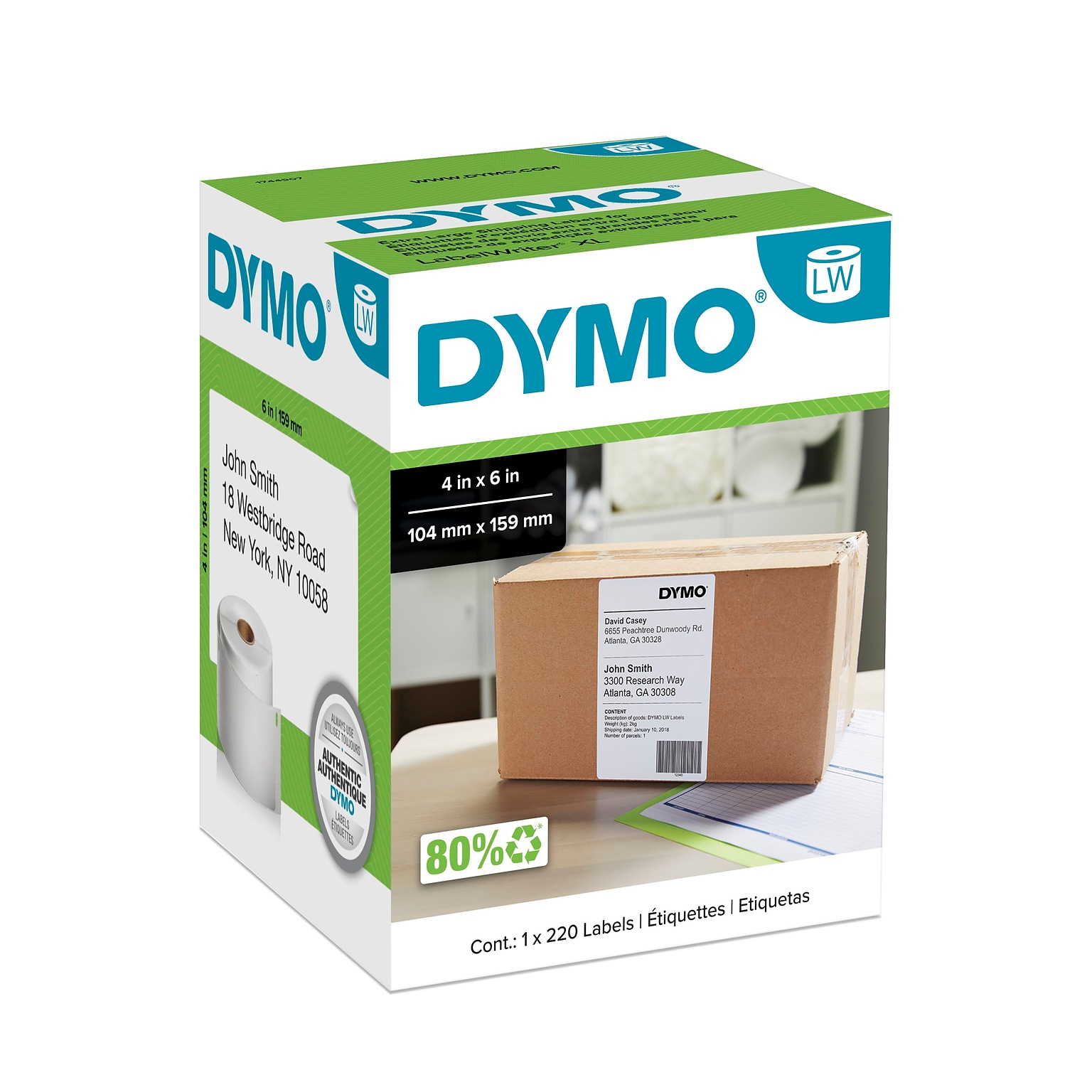DYMO LabelWriter 1744907 Extra Large Shipping Labels, 4 x 6, Black on White, 220 Labels/Roll (1744907)