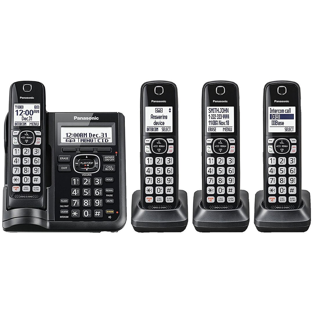 Panasonic Expandable Cordless Phone with Call Block & Answering Machine, 4  Handsets (KX-TGF544B) | Quill.com