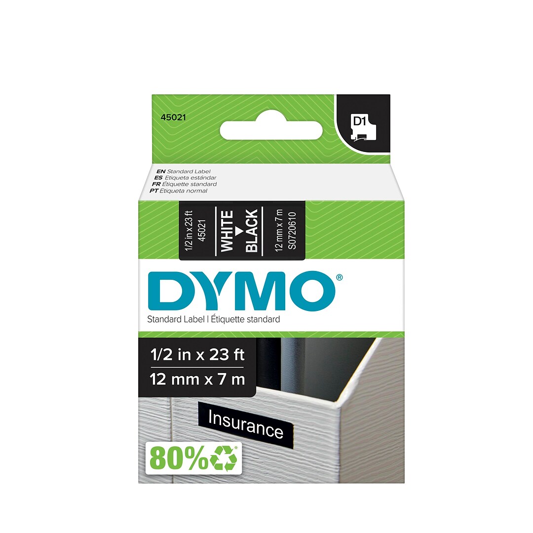 Dymo D1 Standard 45021 Label Maker Tape, 0.5"W, White On Black | Quill.com
