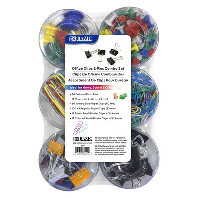 BAZIC Office Clips & Pins Combo Set, Assorted Colors, 269 Pieces Per Set, 3 Sets (BAZ290-3)