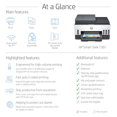 HP Smart Tank 7301 Inkjet Printer, All-in-One Supertank, Print/Copy/Scan (28B70A)